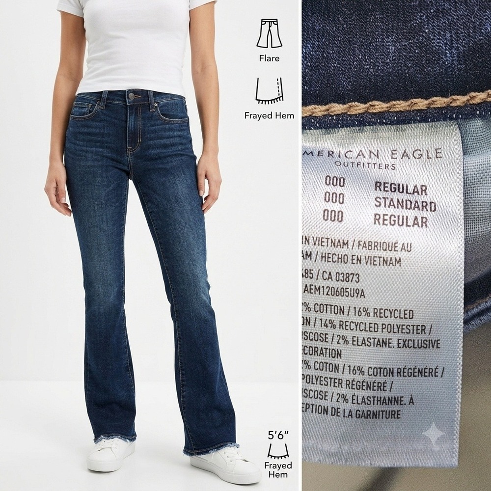 American Eagle Jeans Women 000 Blue Flare Frayed Hem Dark Wash Stretch Denim